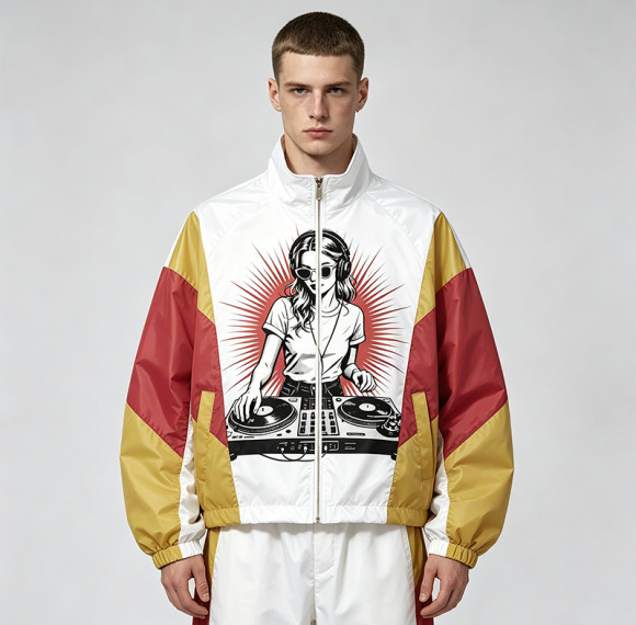 Patchwork DTG and Screen Print Female DJ Stand Collar Jacket | Retro Sonic-Wear Jacket | Streetwear Clothing Manufacturer
