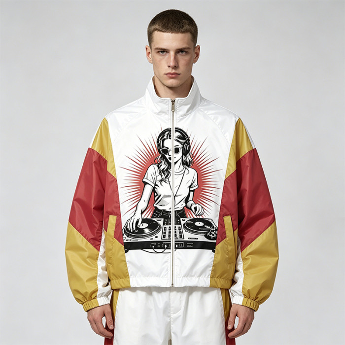 Patchwork DTG and Screen Print Female DJ Stand Collar Jacket | Retro Sonic-Wear Jacket | Streetwear Clothing Manufacturer