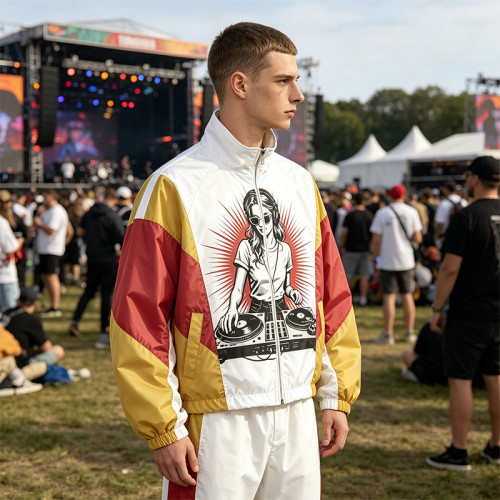 Patchwork DTG and Screen Print Female DJ Stand Collar Jacket | Retro Sonic-Wear Jacket | Streetwear Clothing Manufacturer