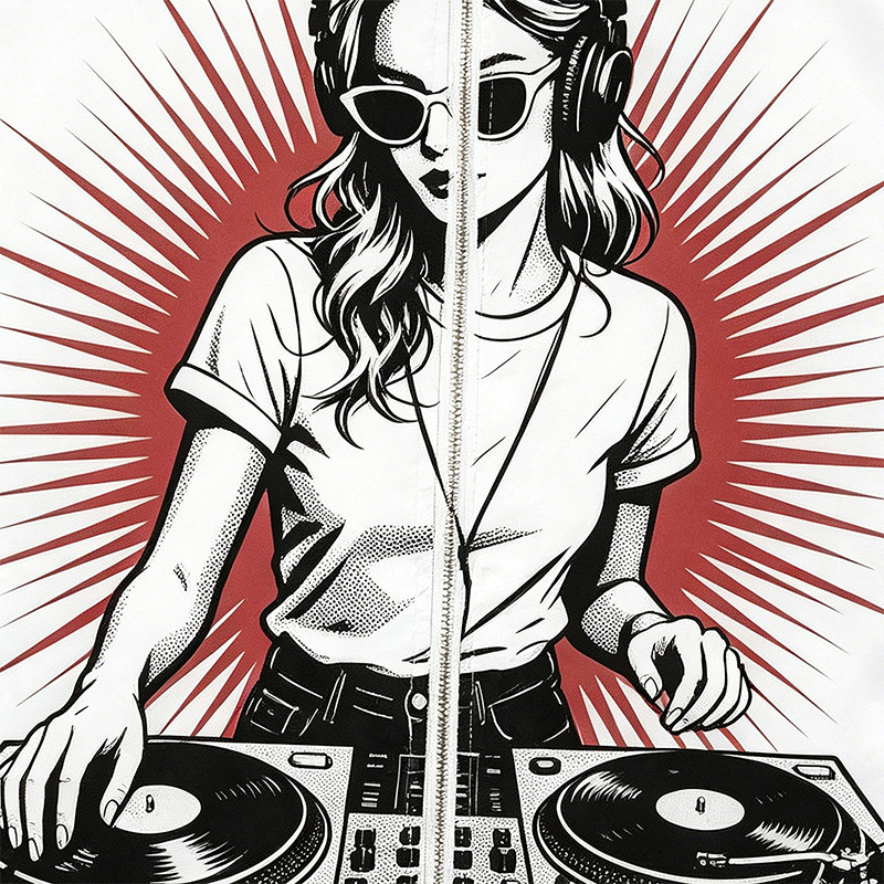 Patchwork DTG and Screen Print Female DJ Stand Collar Jacket