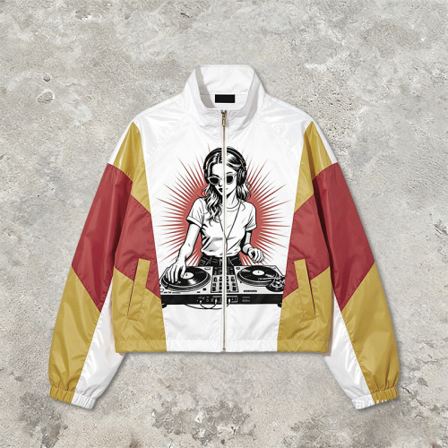 Patchwork DTG and Screen Print Female DJ Stand Collar Jacket | Retro Sonic-Wear Jacket | Streetwear Clothing Manufacturer