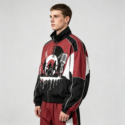 Patchwork DTG Screen Print Music Band Vinyl Jacket | Color Block Retro Sonic-Wear Jacket | Custom Streetwear