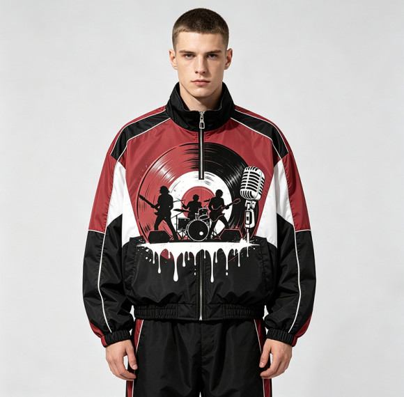Patchwork DTG Screen Print Music Band Vinyl Jacket | Color Block Retro Sonic-Wear Jacket | Custom Streetwear