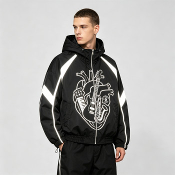 Reflective Patchwork Screen Print Hooded Jacket | Music Heart Instrument Graphic Sonic-Wear Jacket | Custom Streetwear