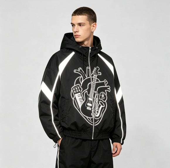 Reflective Patchwork Screen Print Hooded Jacket | Music Heart Instrument Graphic Sonic-Wear Jacket | Custom Streetwear
