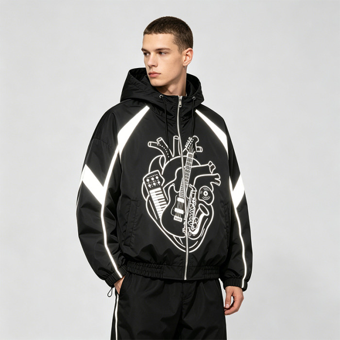 Reflective Patchwork Screen Print Hooded Jacket | Music Heart Instrument Graphic Sonic-Wear Jacket | Custom Streetwear