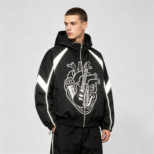 Reflective Patchwork Screen Print Hooded Jacket | Music Heart Instrument Graphic Sonic-Wear Jacket | Custom Streetwear