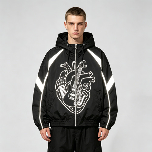 Reflective Patchwork Screen Print Hooded Jacket | Music Heart Instrument Graphic Sonic-Wear Jacket | Custom Streetwear
