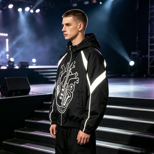 Reflective Patchwork Screen Print Hooded Jacket | Music Heart Instrument Graphic Sonic-Wear Jacket | Custom Streetwear
