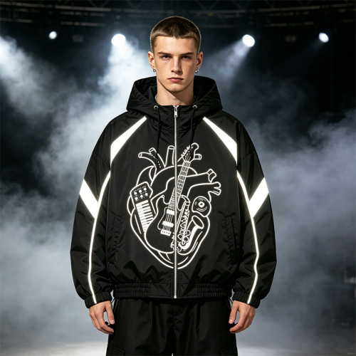 Reflective Patchwork Screen Print Hooded Jacket | Music Heart Instrument Graphic Sonic-Wear Jacket | Custom Streetwear