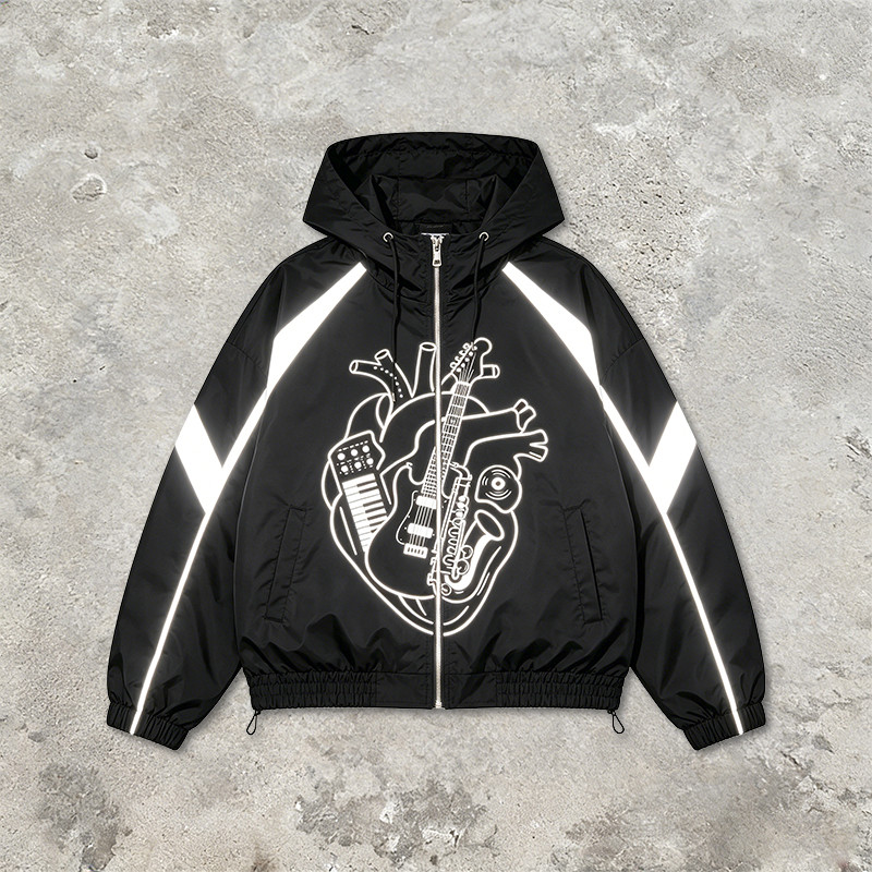 Reflective Patchwork Screen Print Hooded Jacket