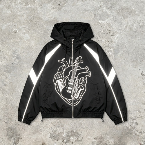 Reflective Patchwork Screen Print Hooded Jacket | Music Heart Instrument Graphic Sonic-Wear Jacket | Custom Streetwear