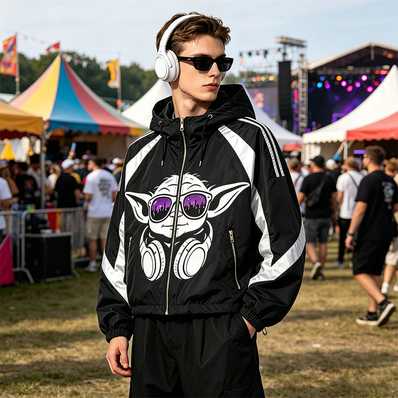 Patchwork Screen DTG Print Hooded Jacket