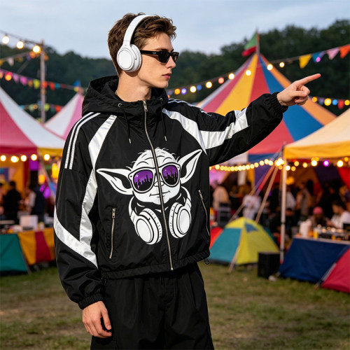 Patchwork Screen DTG Print Hooded Jacket | Anime DJ Yoda Sonic Graphic Sonic-Wear Jacket | OEM Streetwear