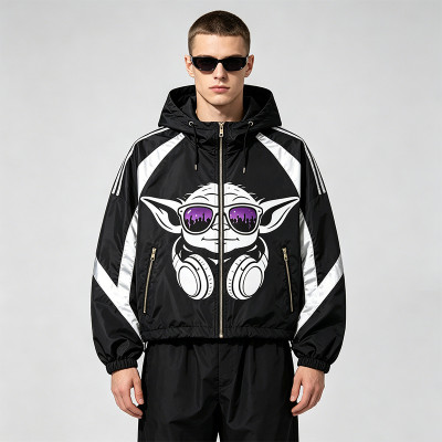 Patchwork Screen DTG Print Hooded Jacket | Anime DJ Yoda Sonic Graphic Sonic-Wear Jacket | OEM Streetwear