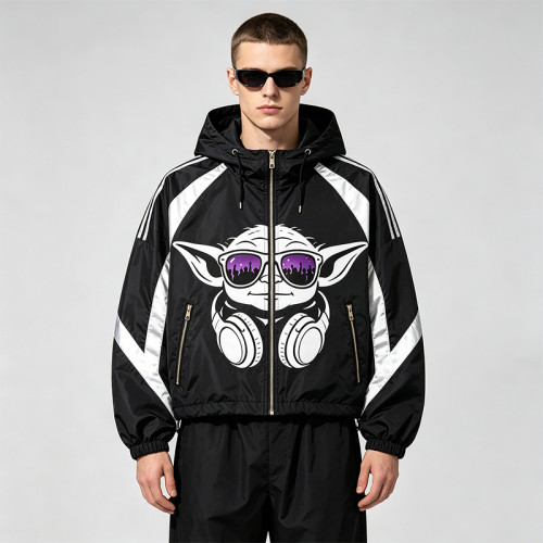 Patchwork Screen DTG Print Hooded Jacket | Anime DJ Yoda Sonic Graphic Sonic-Wear Jacket | OEM Streetwear