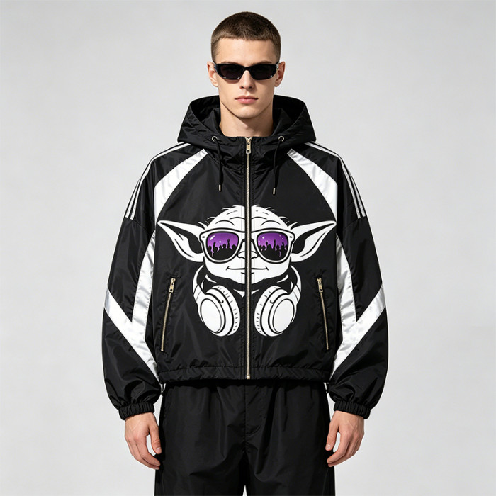 Patchwork Screen DTG Print Hooded Jacket | Anime DJ Yoda Sonic Graphic Sonic-Wear Jacket | OEM Streetwear