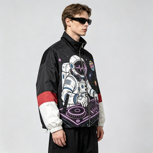 Color Block Patchwork Screen Print Stand Collar Jacket | Space Astronaut DJ Sonic Graphic Jacket | OEM Streetwear