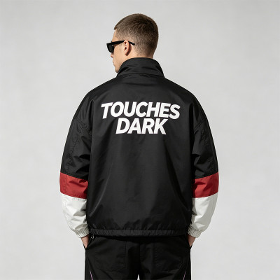 Color Block Patchwork Screen Print Stand Collar Jacket | Space Astronaut DJ Sonic Graphic Jacket | OEM Streetwear