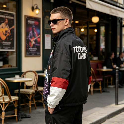 Color Block Patchwork Screen Print Stand Collar Jacket | Space Astronaut DJ Sonic Graphic Jacket | OEM Streetwear