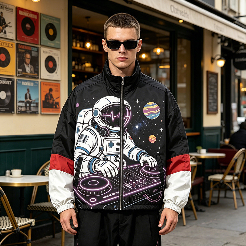 Color Block Patchwork Screen Print Stand Collar Jacket