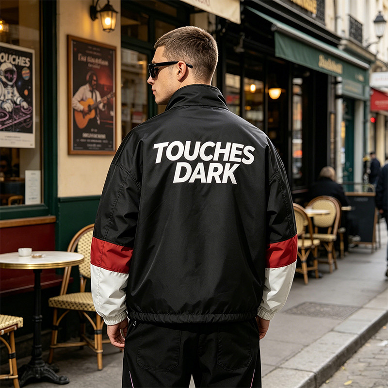 Color Block Patchwork Screen Print Stand Collar Jacket