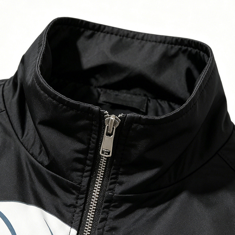 Color Block Patchwork Screen Print Stand Collar Jacket