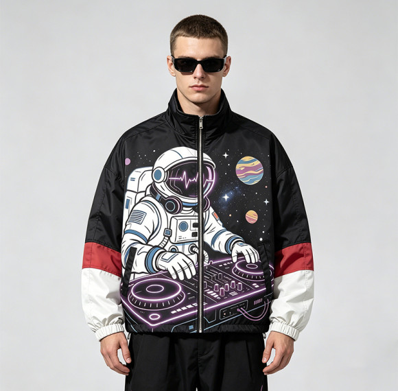 Color Block Patchwork Screen Print Stand Collar Jacket | Space Astronaut DJ Sonic Graphic Jacket | OEM Streetwear
