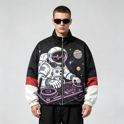 Color Block Patchwork Screen Print Stand Collar Jacket | Space Astronaut DJ Sonic Graphic Jacket | OEM Streetwear