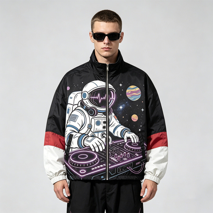 Color Block Patchwork Screen Print Stand Collar Jacket | Space Astronaut DJ Sonic Graphic Jacket | OEM Streetwear