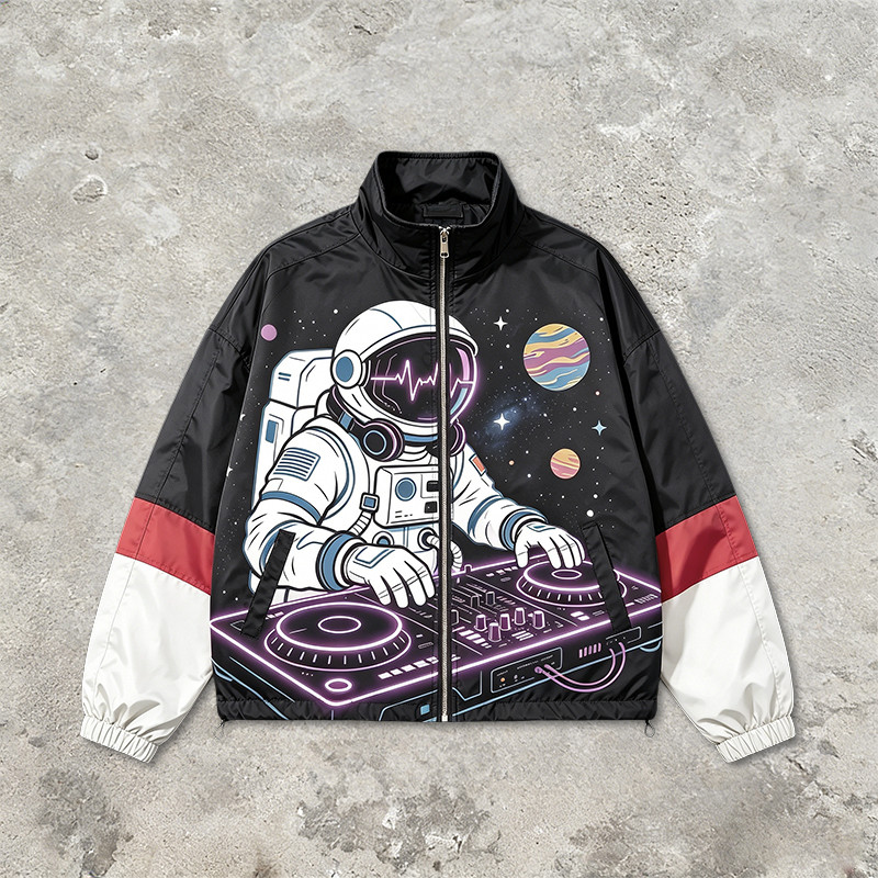Color Block Patchwork Screen Print Stand Collar Jacket