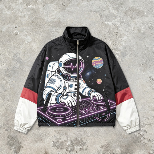Color Block Patchwork Screen Print Stand Collar Jacket | Space Astronaut DJ Sonic Graphic Jacket | OEM Streetwear