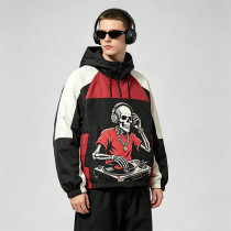 Patchwork Screen DTG Print Hooded Jacket | Skeleton DJ Sonic Graphic Color Block Jacket | Clothing Manufacturer
