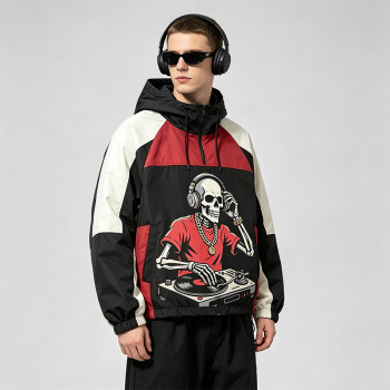 Patchwork Screen DTG Print Hooded Jacket | Skeleton DJ Sonic Graphic Color Block Jacket | Clothing Manufacturer