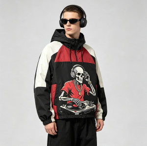 Patchwork Screen DTG Print Hooded Jacket | Skeleton DJ Sonic Graphic Color Block Jacket | Clothing Manufacturer