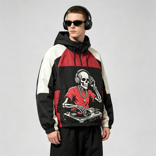 Patchwork Screen DTG Print Hooded Jacket | Skeleton DJ Sonic Graphic Color Block Jacket | Clothing Manufacturer