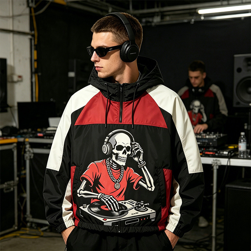Patchwork Screen DTG Print Hooded Jacket