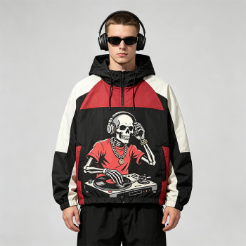 Patchwork Screen DTG Print Hooded Jacket | Skeleton DJ Sonic Graphic Color Block Jacket | Clothing Manufacturer