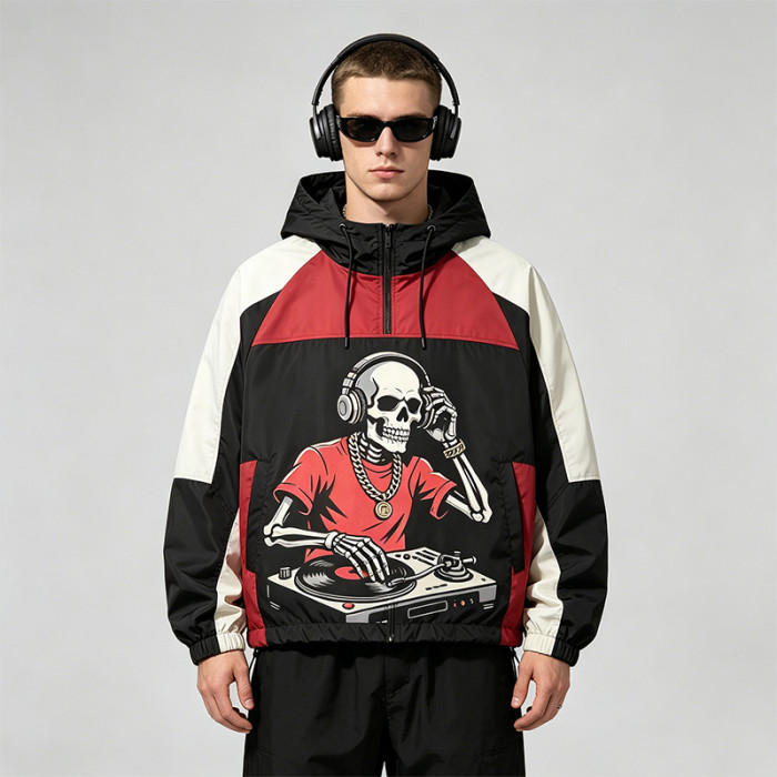Patchwork Screen DTG Print Hooded Jacket | Skeleton DJ Sonic Graphic Color Block Jacket | Clothing Manufacturer