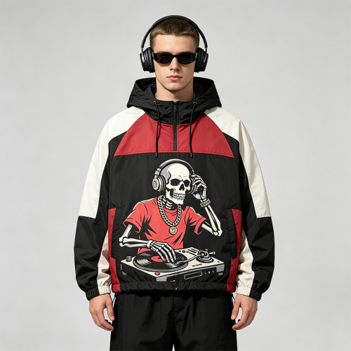 Patchwork Screen DTG Print Hooded Jacket | Skeleton DJ Sonic Graphic Color Block Jacket | Clothing Manufacturer