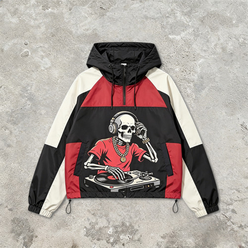Patchwork Screen DTG Print Hooded Jacket | Skeleton DJ Sonic Graphic Color Block Jacket | Clothing Manufacturer