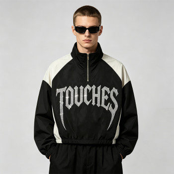 Patchwork Rhinestone Stand Collar Crop Jacket | Half Zip Gothic Letter Color Block Sonic-Wear Jacket | Custom Streetwear