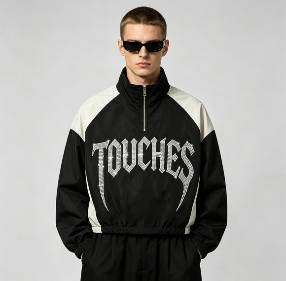 Patchwork Rhinestone Stand Collar Crop Jacket | Half Zip Gothic Letter Color Block Sonic-Wear Jacket | Custom Streetwear