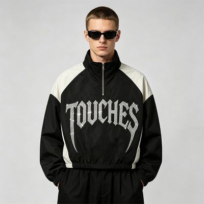 Patchwork Rhinestone Stand Collar Crop Jacket | Half Zip Gothic Letter Color Block Sonic-Wear Jacket | Custom Streetwear