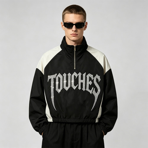 Patchwork Rhinestone Stand Collar Crop Jacket | Half Zip Gothic Letter Color Block Sonic-Wear Jacket | Custom Streetwear