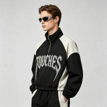Patchwork Rhinestone Stand Collar Crop Jacket | Half Zip Gothic Letter Color Block Sonic-Wear Jacket | Custom Streetwear