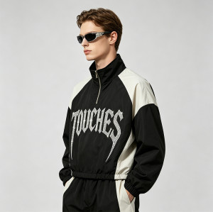 Patchwork Rhinestone Stand Collar Crop Jacket | Half Zip Gothic Letter Color Block Sonic-Wear Jacket | Custom Streetwear