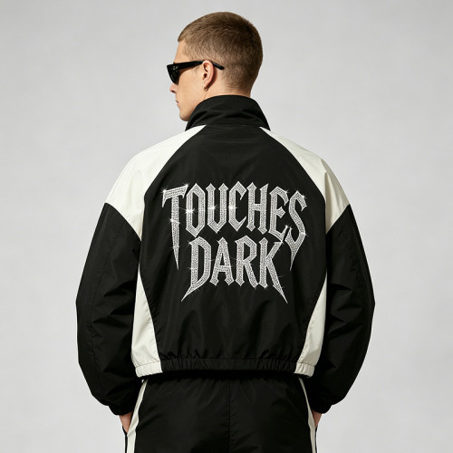 Patchwork Rhinestone Stand Collar Crop Jacket | Half Zip Gothic Letter Color Block Sonic-Wear Jacket | Custom Streetwear
