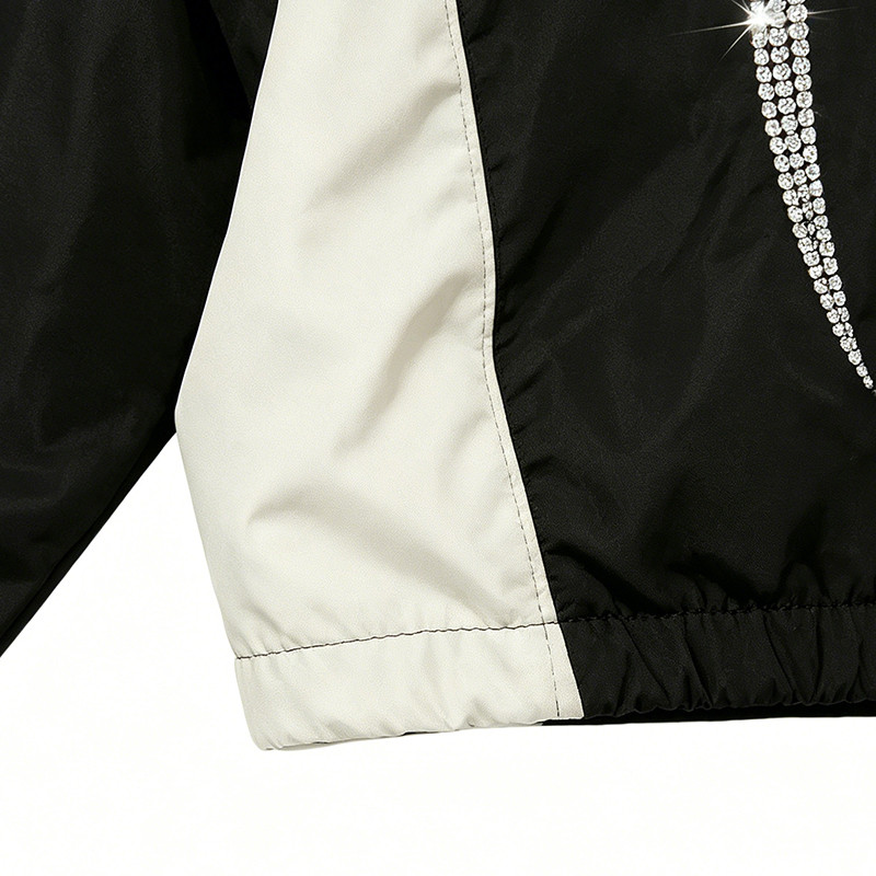 Patchwork Rhinestone Stand Collar Crop Jacket