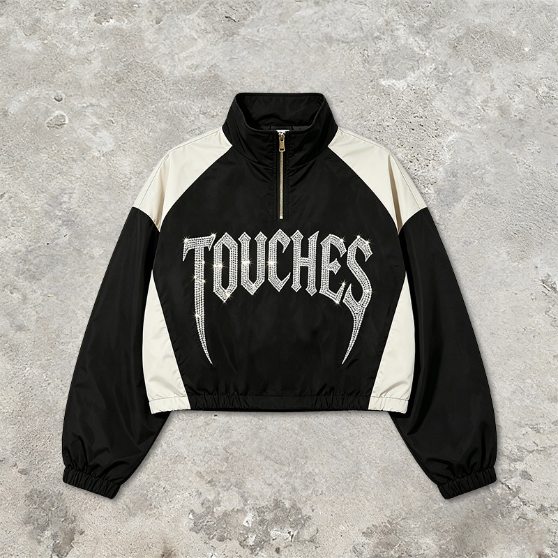 Patchwork Rhinestone Stand Collar Crop Jacket
